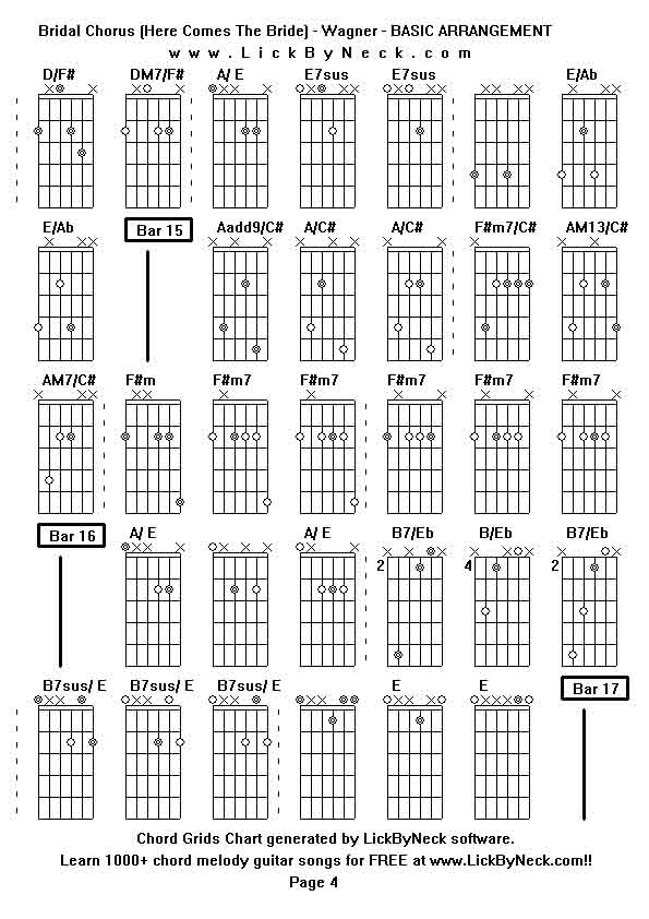 Chord Grids Chart of chord melody fingerstyle guitar song-Bridal Chorus (Here Comes The Bride) - Wagner - BASIC ARRANGEMENT,generated by LickByNeck software.